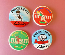 Vintage pin badges. Peter lord and Clarks shoes.  c1970s. Fit feet - 55mm