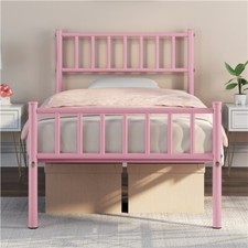 Single Metal Bed Frame with Slatted Headboard and Footboard, Pink