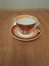 CLARICE CLIFF BIZARRE "CORAL FIRS" CONICAL BLOCK HANDLE CUP AND SAUCER   