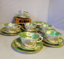 Vintage Crown Staffordshire Bone China side Cake plates x 6 Green Gold 1930s