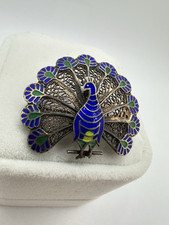 VTG Antique Silver Filigree Peacock Brooch Pin Signed Bird Blue Enamel Estate