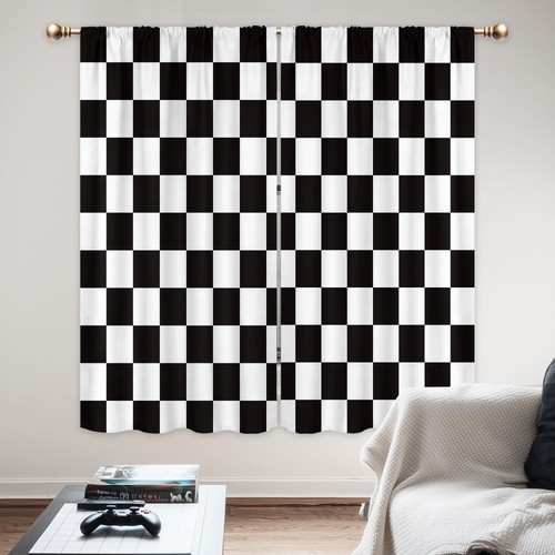 Black white checkered curtains - white,