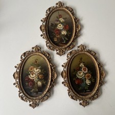Vintage Trio Of Miniature Oval Floral Still Life Framed Oil Painting Gilt Frames