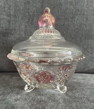 Large Vintage Della Robbia? Glass Candy Bon Bon Dish Lid Roses Iridescent Pink