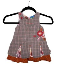 Gagou Tagou Plaid Dress Jumper Sleeveless Embroidered Floral Brown 24M Cottage
