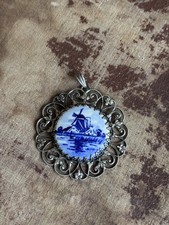 Vintage Holland Windmill Pendant in Delft Style Round Silver Statement 