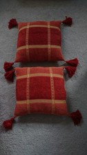 VTG LAURA ASHLEY BRICK COLOUR CHECK CHENILLE TASSLED ZIPPED FEATHER CUSHIONS X 2