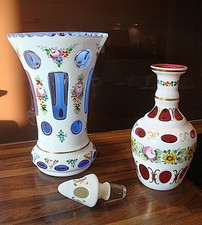 Mid-century Czech Bohemian Glass - blue vase and cranberry decanter with stopper