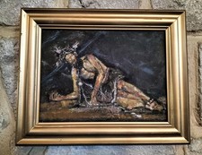 Vintage Old IMPRESSIONIST Religious Oil Painting,Jesus Christ,Cross,Calvary,