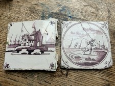 Two Antique 18th century manganese Tin Glazed Dutch Delft tiles Landscape Theme