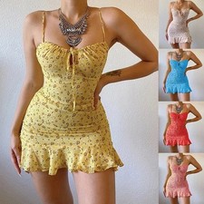 Women Boho Floral V Neck  Mini