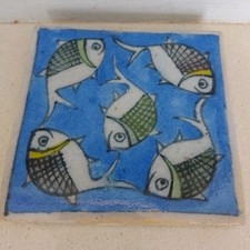 Superb Antique Persian Qajar Isfahan Ceramic Polychrome Hand Made Tile - Fishes
