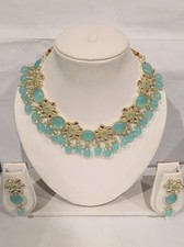 Light Blue Indian bollywood bridal choker Necklace earring jewellery mirror set