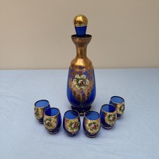 Cobalt Blue Floral Bohemian Style Glass Decanter Set + 6 Matching Glasses. (B49)