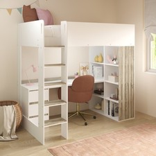 High Sleeper Loft Bed with Desk and Storage in White and Oak - Nelly NLY001