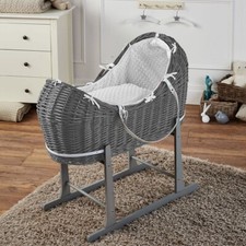 FYLO Pod Grey Wicker Moses Basket With Rocking Stand & Mattress - White Dimple