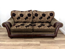 SOFA 3 Seater Large Sectional Brown Purple Floral Fabric Faux Leather Walnut Leg