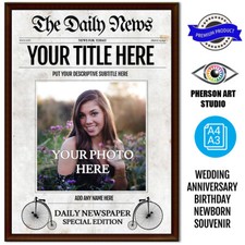 Personalised Old Newspaper front Page- add photo,name,date,title and subtitle