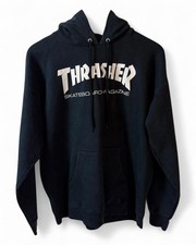Vintage Thrasher Black Hoodie Graphic Print Skater Kangaroo Pocket Large