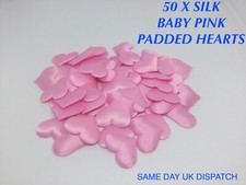 50 X BABY PINK FABRIC PADDED SILK HEARTS EMBELLISHMENTS CRAFT CONFETTI SATIN