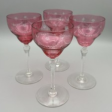 4x Hand Blown Cut to Clear Cranberry Overlay Wine Glass Bohemian Wheel Engraved