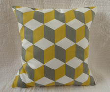 Yellow Grey Cushion Cover Cube Box Cotton Print Handmade New 16" inch 40cm