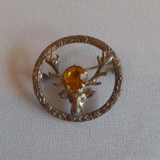 Vintage Yellow Rhinestone Sterling Silver Stags Head Brooch Pin