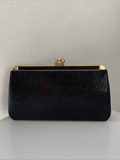 Vintage Lizard Skin Leather Bag 60s 70s Navy Blue Gold Chain Clasp Metal