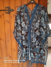 AMADEL DEVORE BLUE SILVER ROSE SEMI SHEER EVENING BEACH PONCHO KIMONO TASSELS