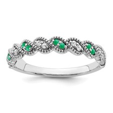 14k White Gold Emerald and Diamond Twist Band Ring Size 7 for Womens 2.04g