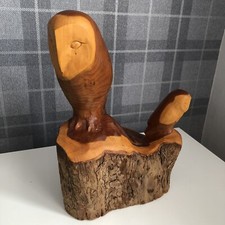 Wooden Mother Owl With Baby Owlet On Chunky Log Sculpture Statue Hand Carved