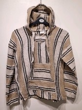 Mexican Poncho Baja Hood Blanket Jacket Size M Vertical Stripe Hippie Pullover