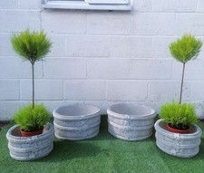 Set of 4 Concrete Stone Barrel Garden Planters Weather-resistant Outdoor Pots