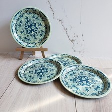 Vintage Delft Holland Tin Plates Set of 4 Blue Dutch Metal Country Cottagecore