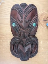 Rare Early Maori Koruru Tiki Plasterware Wall Plaque Mask Paua Abalone Eyes NZ