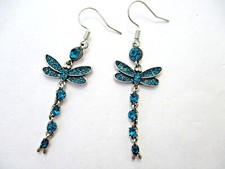 ART DECO STYLE SPARKLE BLUE CRYSTAL DRAGONFLY DROP EARRINGS