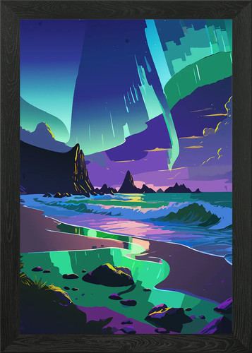 Icelandic beach aurora framed - beach,