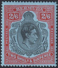 Bermuda 1952 KGVI 2sh6d Black + Carmine-Red on Pale Blue p13 Mint SG117d cat £18