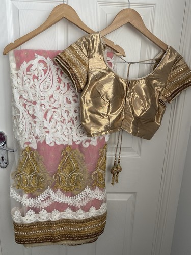 Pink and white sari - pink, saree