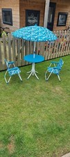 Kids Foldable Patio Table and Chairs Set Metal Picnic Table With Umbrella Dino