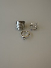 Set Of 3 Bundle Silver Rings Stack Spiral Diamonte Statement Vintage Costume