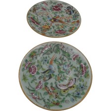 Chinese Celadon Handpainted Porcelain Plates with Bird and Floral Design 