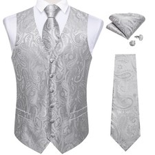 Mens Waistcoat Tie Set Pocket Square Cufflinks Wedding Paisley Floral Solid