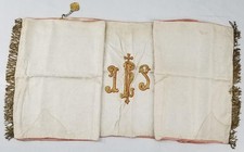 Antique French IHS Gold Metallic Embroidered Brocade Altar Frontal 255x55cms