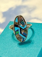 NAVAJO O. Douglas OD Sterling Silver Turquoise Opal Abalone Inlay 925 Ring 8.25