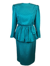 Condici Occasion Dress UK 10 12 Turquoise Peplum Long Sleeves 80's Vtg Spotted