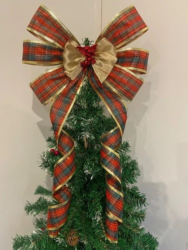 Tartan red green gold tree - red,
