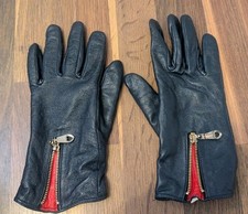 Beautiful Womens Italian Large L Navy Blue Leather Gloves Gold ? Zip Red Inner