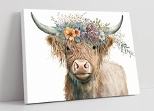 HIGHLAND COW WITH FLOWER CROWN HOME DECOR CANVAS WALL ARTWORK PICTURE PRINT