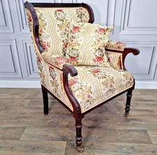 Antique Victorian Edwardian Wing Back Fabric Fireside Tub Chair Carved Armchair